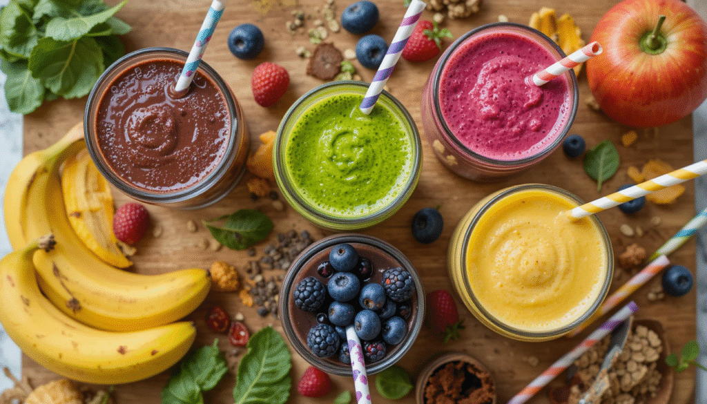 5 protein smoothie recipes with chocolate, berry, tropical, green, and oat flavors served in glasses, the perfect high protein smoothies for breakfast or post-workout.”