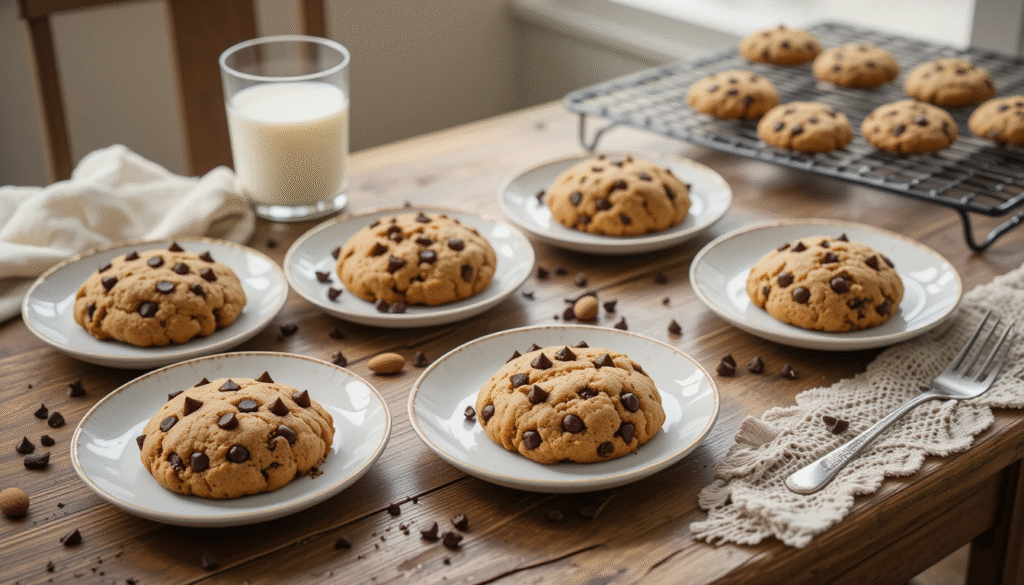 5 low calorie chocolate chip cookies recipes displayed on a rustic wooden table with almond milk and chocolate chips.