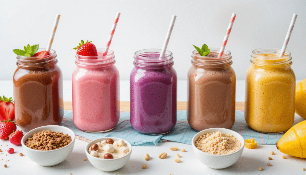 5 homemade protein shakes recipes in mason jars with chocolate, strawberry, blueberry, coffee, and mango flavours for healthy weight loss and muscle gain.