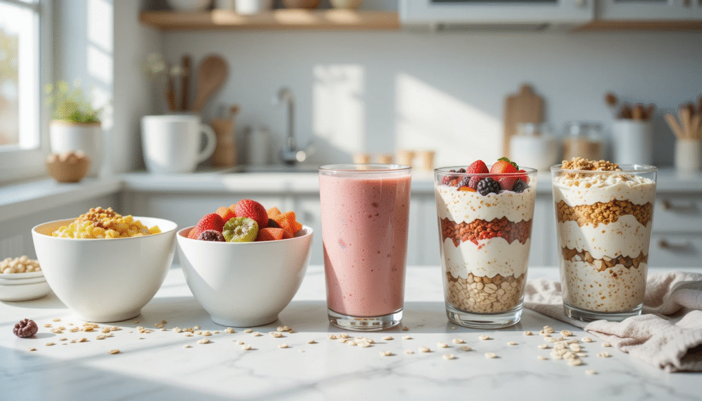 5 high protein breakfast recipes including Greek yogurt bowl, veggie turkey egg scramble, chocolate protein smoothie, cottage cheese parfait, and overnight oats.
