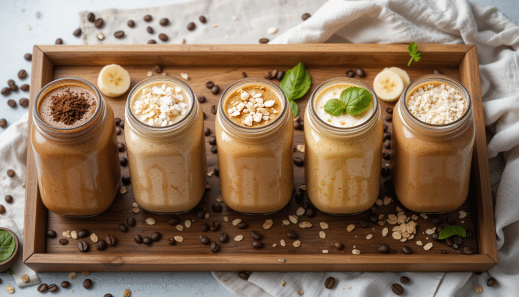“5 coffee smoothie recipes served in mason jars with toppings like banana, oats, cocoa, and coconut on a rustic wooden table, perfect energizing breakfast smoothies.