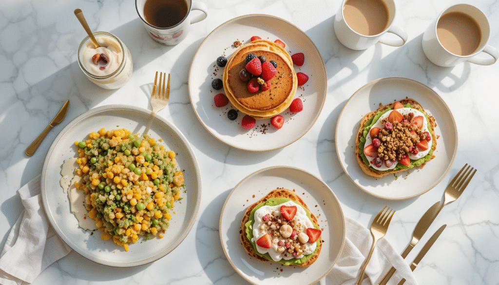 5 low calorie high protein breakfast recipes including Greek yogurt parfait, egg white veggie scramble, protein pancakes, avocado toast with cottage cheese, and a smoothie bowl.