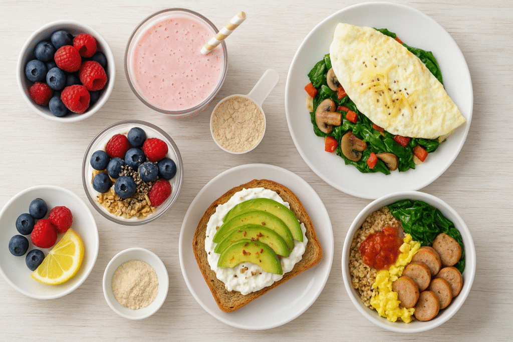 5 high protein breakfast recipes including Greek yogurt parfait, omelet, smoothie, avocado toast, and quinoa bowl on a wooden table