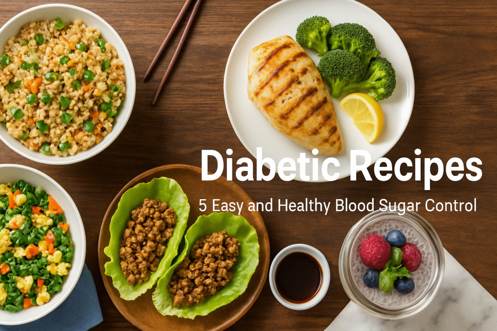 Flat lay of 5 colorful diabetic-friendly meals including cauliflower rice, chia pudding, and lettuce wraps on a wooden table