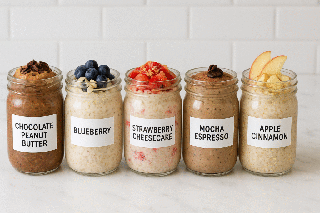 5 high protein overnight oats recipes with 32 grams of protein in mason jars, topped with fresh fruit, nut butter, and healthy toppings for breakfast meal prep.