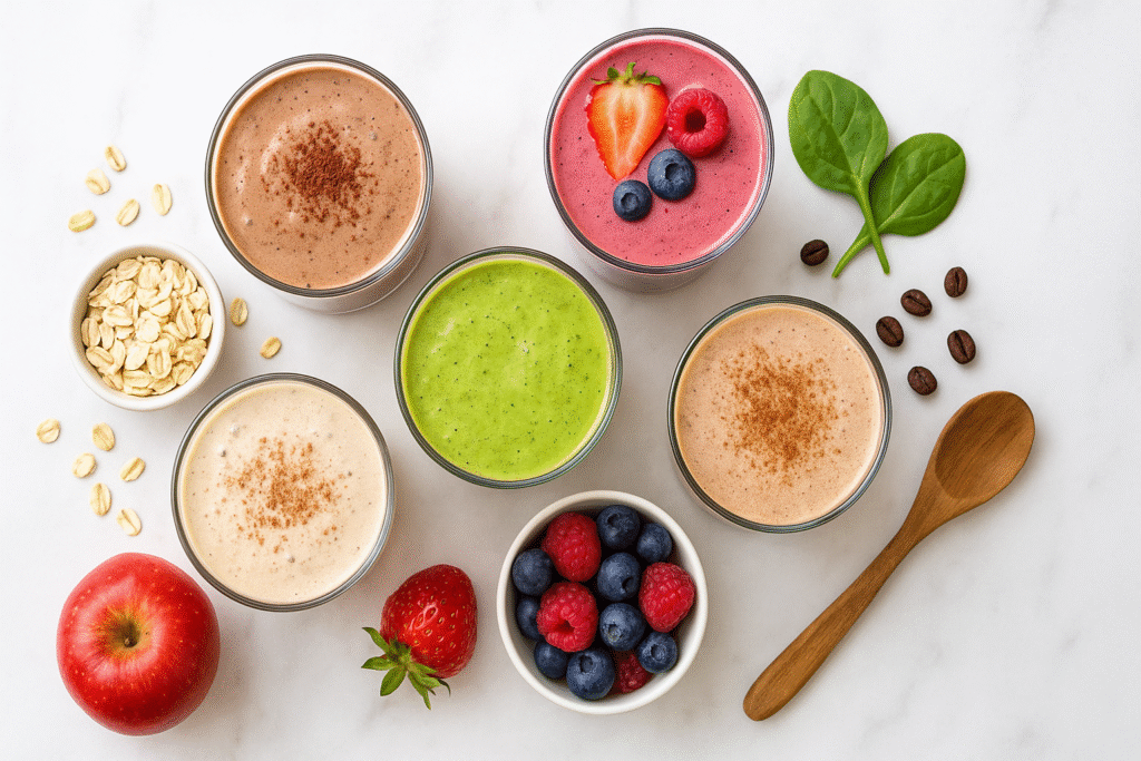 5 protein boosters smoothie recipes with chocolate, berry, tropical green, mocha, and apple cinnamon smoothies in tall glasses, healthy high-protein breakfast or post-workout fuel.
