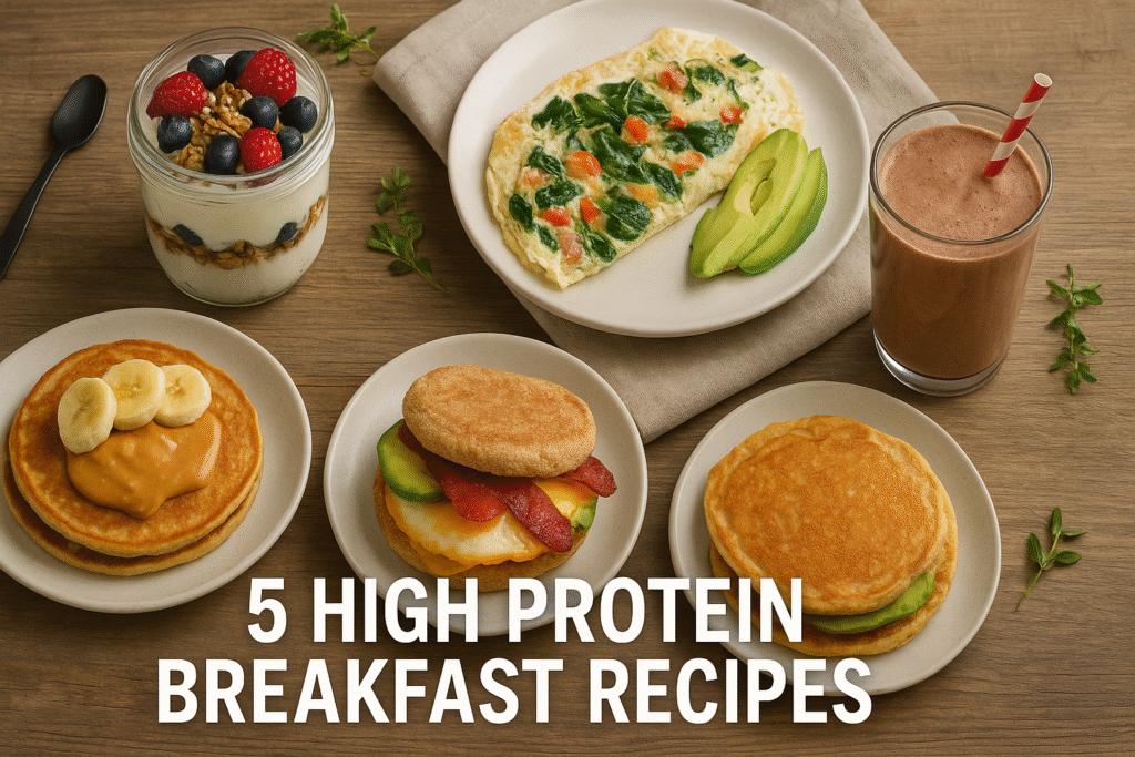 5 high protein breakfast recipes including Greek yogurt parfait, veggie omelet, protein pancakes, breakfast sandwich, and protein smoothie – healthy breakfast ideas.