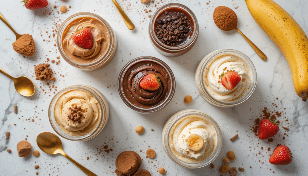 5 high protein pudding recipes with 55 grams protein each – chocolate, strawberry, mocha, cookies & cream, and banana cream pie, perfect for post-workout and muscle gain.