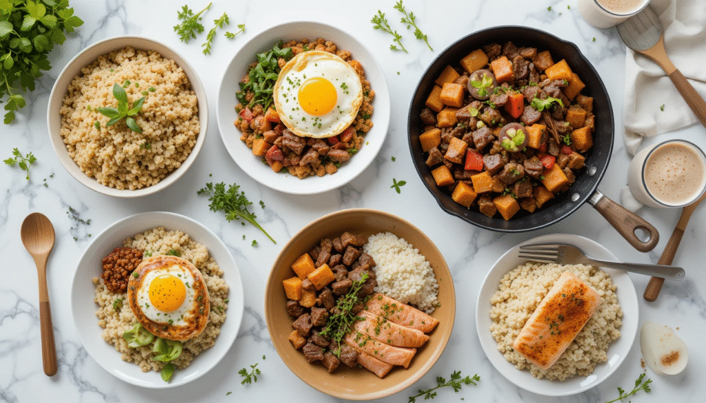 Flat lay of 5 body building recipes for muscle gain including chicken quinoa bowl, protein omelet, beef sweet potato skillet, Greek yogurt smoothie, and salmon brown rice meal prep on marble background. High-protein bodybuilding meals for strength and recovery.