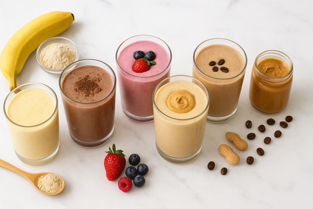 5 banana protein smoothie recipes in glasses with fresh bananas, protein powder, berries, peanut butter, and coffee beans on marble background.