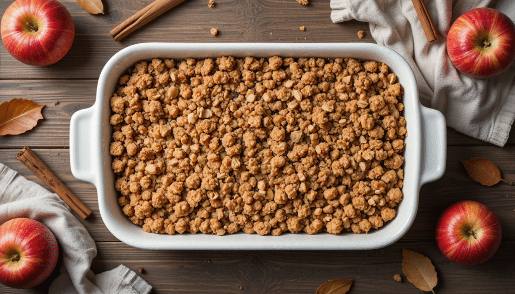 : Best apple crisp recipes with golden oat topping in a cosy fall kitchen setting on a rustic wooden table