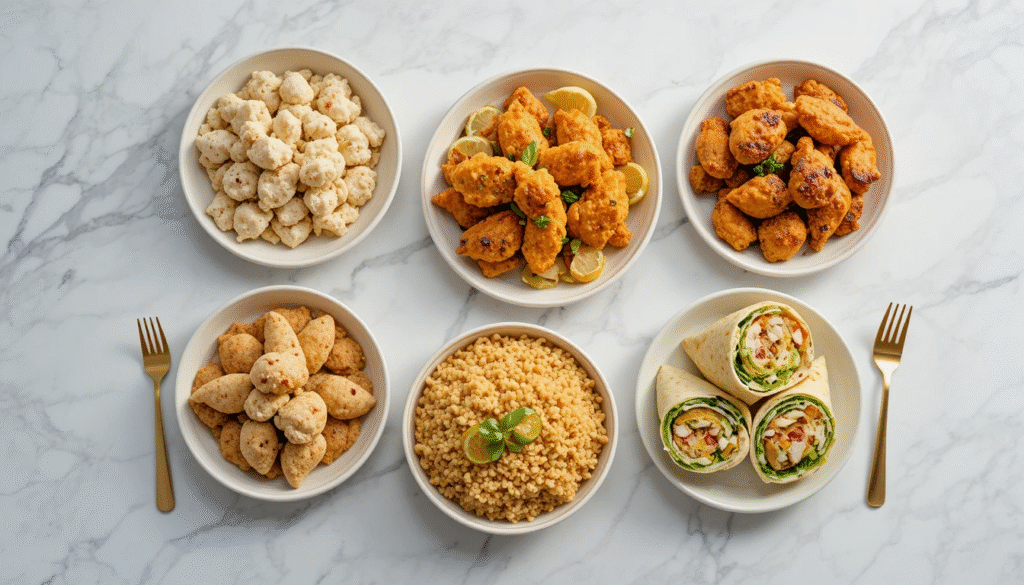 Five chicken recipes displayed on a bright white marble background, with bowls of creamy garlic chicken, crispy chicken tenders, honey-lemon chicken, Caesar wrap halves, and spicy chicken fried rice arranged in a circle with gold cutlery and soft natural lighting.”